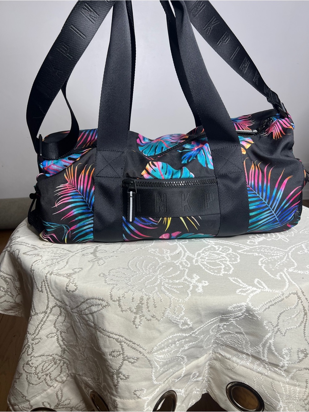 PINK Victoria's Secret Black Duffel with Neon Tropical Print